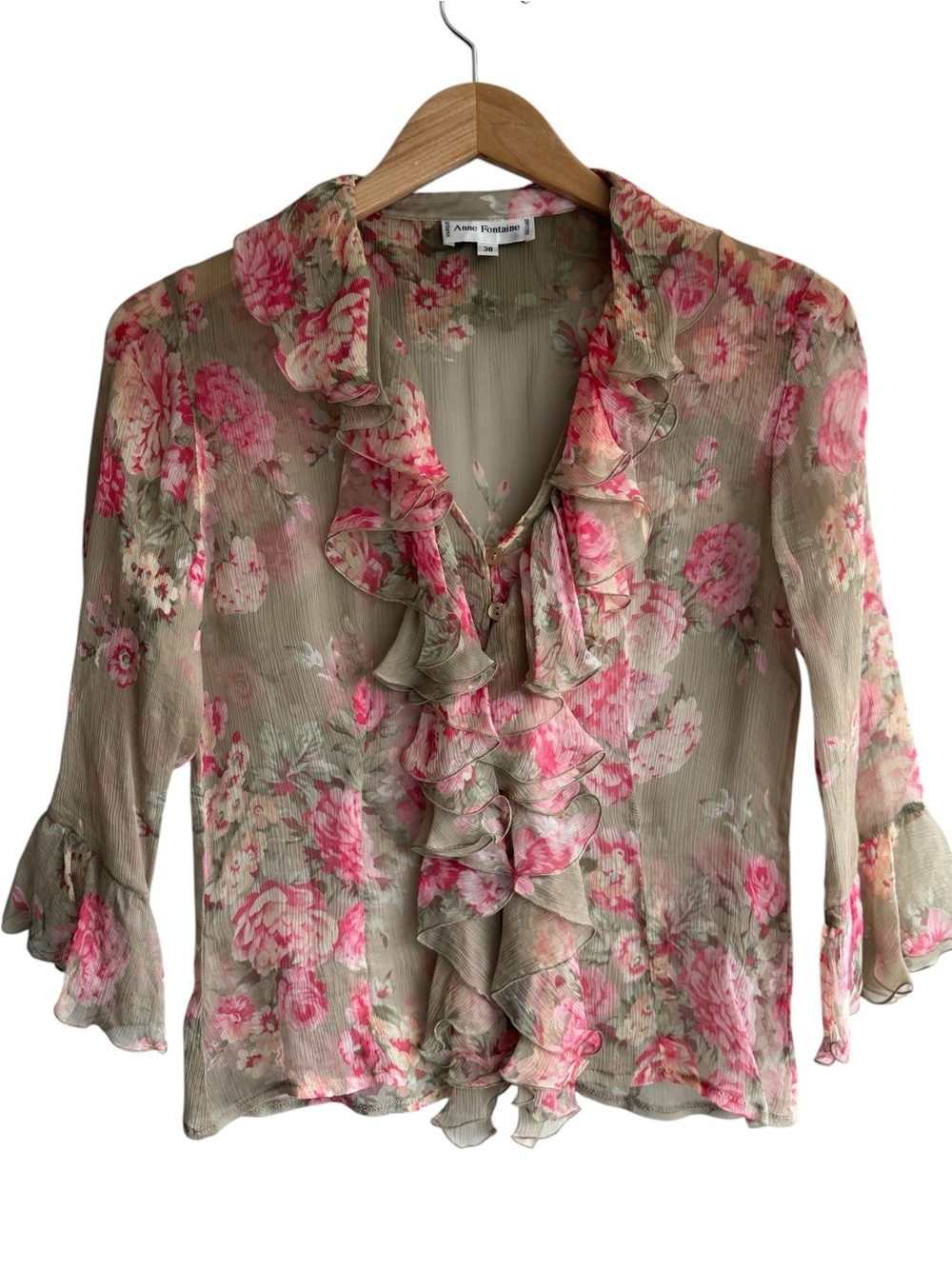 ANNE FONTAINE Vintage Floral Ruffled Blouse Sheer Chiffon Top FR 38 / US Small